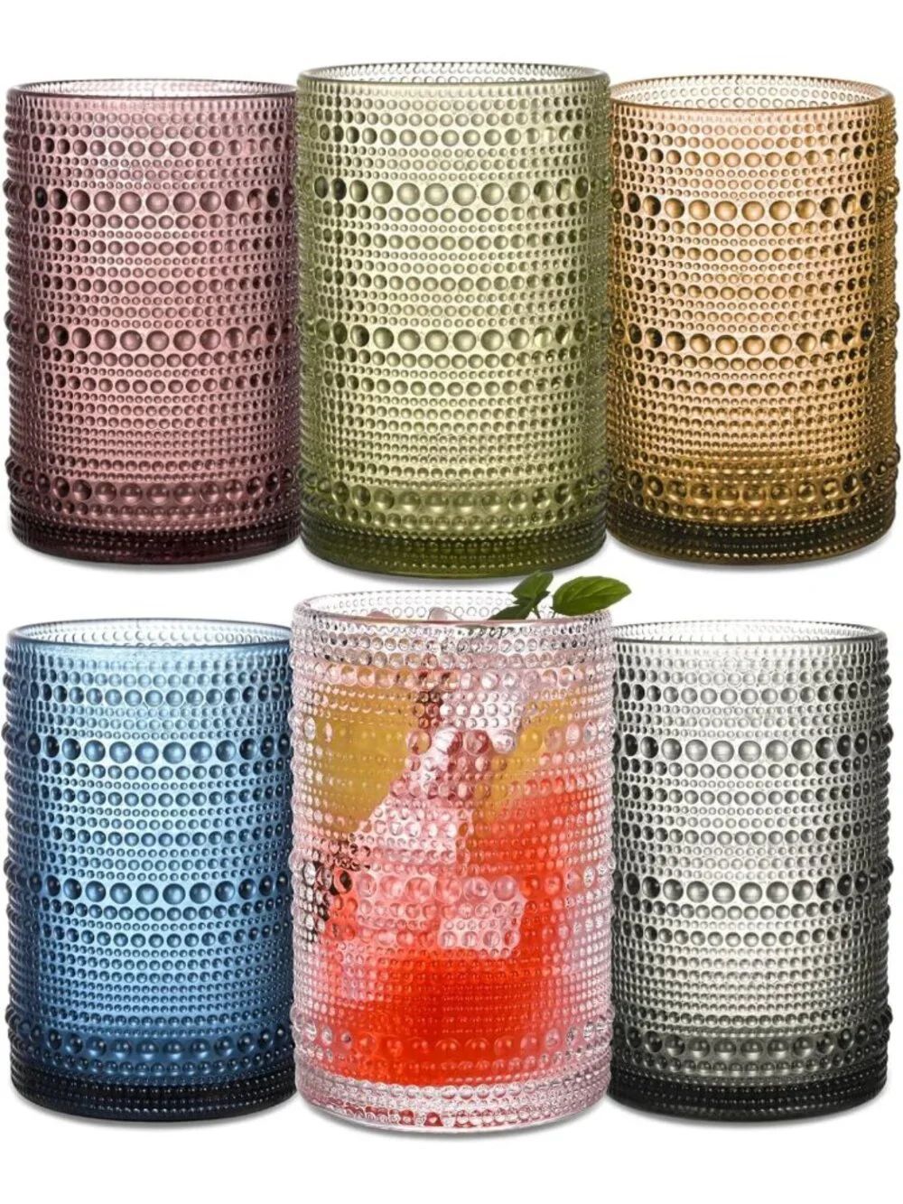 Vintage Colored Hobnail Highball Glasses Set of 6, 15 oz Drinkware for